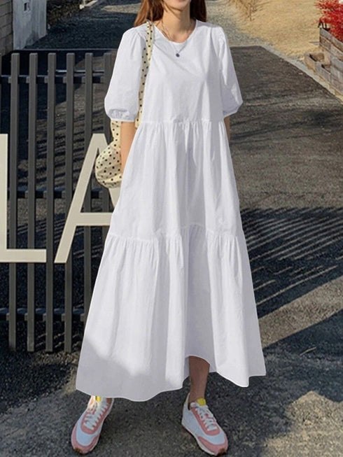 Retro Casual Puff Sleeves High Waist Mini A-Line Dresses